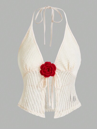 SHEIN ICON Top de tirantes de ganchillo con flores hechas a mano y calado, estilo veraniego y elegante para mujer, inspirado en la Y2K