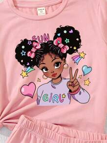 SHEIN Leap Crew Zweiteiliges Set aus Freizeit-Oberteil mit kurzem Arm und Cartoon-Mädchen-Motiv und Shorts für Tween Mädchen, geeignet für den Sommer - Pink - Übersicht 3