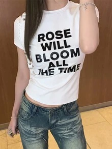 Áo thun ngắn tay in chữ kiểu Mỹ cổ điển, thiết kế tối giản, dáng ôm vừa vặn, thích hợp cho mùa hè, màu trắng. - trắng - Xem 7