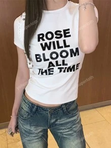 Retro American Letter Print Short Sleeve T-Shirt, Minimalist Design, Slim Fit Casual Top Suitable For Summer