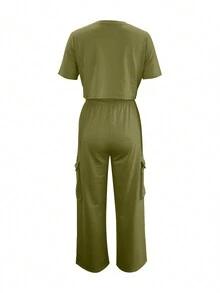 Conjunto de camiseta corta de manga y pantalón cargo recto con cordón suelto de unicolor para el verano - Verde militar - Ver 2