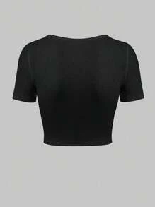 INAWLY Mujer verano unicolor corto cosecha ajustado sexy camiseta con conector circular