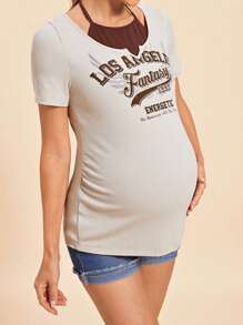 SHEIN Maternity Casual Short Sleeve Henley Neck Tight-Fitting T-Shirt With Regular-Fit Inner Vest And Neck Hanging Strap