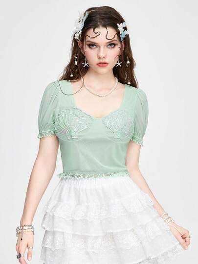 Fairycore Women Seashell Beaded Embroidery Bubble Sleeve Square Collar Top