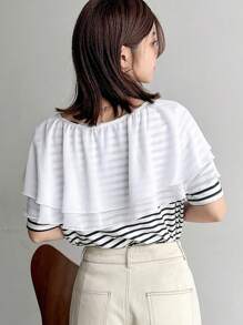 FRIFUL Camiseta de rayas con cuello con volantes de moda para mujeres