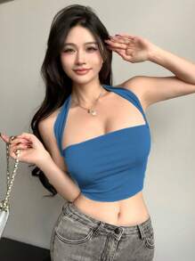 Dazy Designer Sleeveless Tight Crop Top For Women With Halter Design Going Out Tops Summer - Blue - View 2