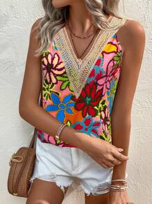 Breezaya Women Floral Print Lace Splice V Neck Loose Fit Tank Top For Vacation Graphic Tees Women Tops - Multicolor - View 5