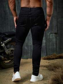 Manfinity VCAY Hombres Jeans algodón desgarro delgado apilado - Negro - Ver 2