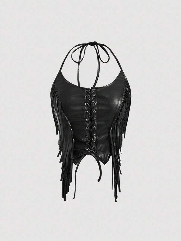 SHEIN MOD Plus Size Black PU Leather Fringe Halter Top With Stretchy Material