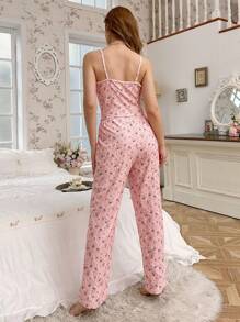 Women Floral Lace Hollow Out Embroidery Cami And Long Pants Pajama Set