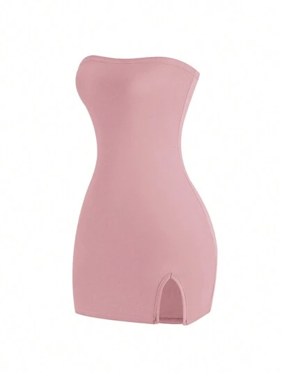 Sweetra Vestido corto de mujer de unicolor sin tirantes con abertura alta para festival de música, outfit