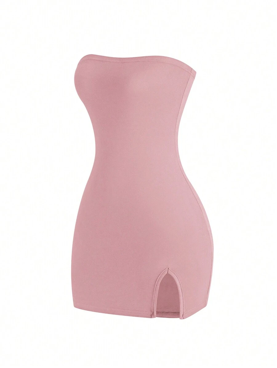 Sweetra Đầm dự tiệc âm nhạc hở vai màu trơn xẻ cao dành cho nữ - Bụi hồng - Xem 1