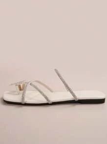 Nouveau style été/automne Femmes Claquettes blanches avec papillon et strass, simple et tendance, sandales plates en caoutchouc à bout ouvert pour plage et loisirs, Saint Valentin - Beige - Voir 3