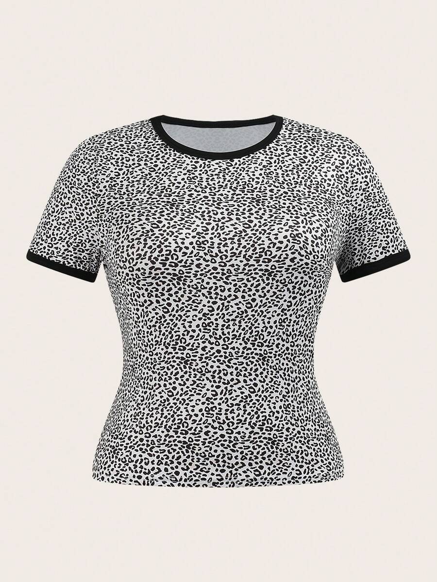 CovetEZ 大尺碼修身豹紋圓領T恤 - 黑與白 - 查看 1