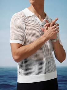 AKNOTIC Business Casual Men's Crochet Knit Summer V-Neck Polo Shirt In White