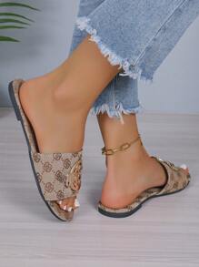 女士黑色扁平涼鞋，配圓扣，開放式腳趾，防滑拖鞋，適用於室內和室外 - 卡其色 - 查看 6