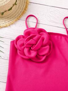 SHEIN Tween Girl Gorgeous Knitted Solid 3D Flower Decor Bodysuit, Spring/Summer - Hot Pink - View 5