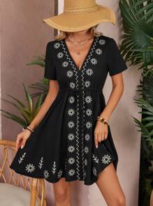 SHEIN VCAY Women Summer Floral Printed V-Neck Tie Waist Short Sleeve Loose Vacation Dress