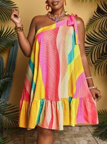 Slaydiva 休閒印花一字肩A字型夏季連衣裙，適用於度假 - 彩色 - 查看 3