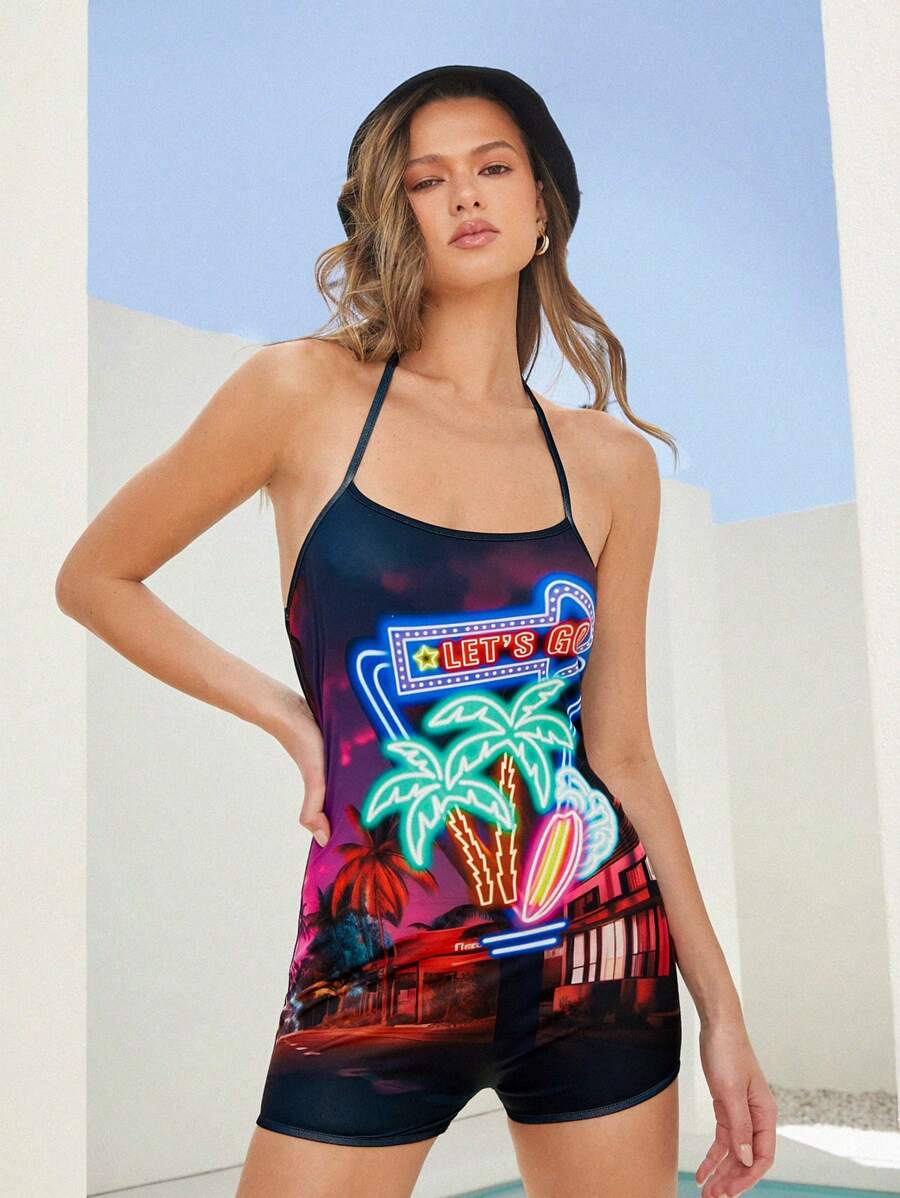 Forever 21 Women Tight-Fitting Jumpsuit Unitard With Vacation Scenery Print, Backless And Halter-Neck Style - Black - View 1