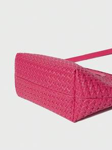 SHECARRY 時尚基本款PU編織女提手袋，適用於女士，適用於假期，適用於旅行，適用於夏季，編織袋，手編手提包，帶可調節肩帶，新款手提袋 - 玫紅色 - 查看 5