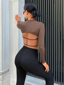 EURMUSE Solid Backless Crop Tee - Mocha Brown - View 4