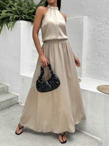 SHEIN Essnce 2024 Spring/Summer New Arrival Women Khaki Metal Material Halter Top And A-Line Skirt Set - Khaki - View 6