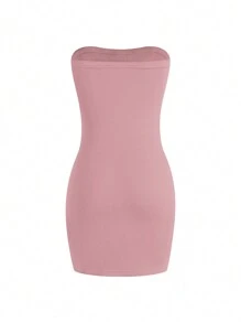 Sweetra Đầm dự tiệc âm nhạc hở vai màu trơn xẻ cao dành cho nữ - Bụi hồng - Xem 2