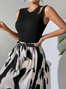 Mulvari Áo vest nữ mùa hè màu trơn thường ngày & váy in ngẫu nhiên 2 cái/bộ - màu đen - Xem 3