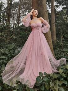 Faeriesty 仙女风奢华贴花细节露肩网纱舞会礼服，情人节特辑 - 粉色 - 查看 8