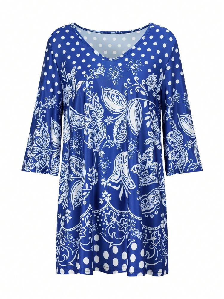 Random Floral Printed Women Vacation V-Neck Flare Sleeve Loose T-Shirt