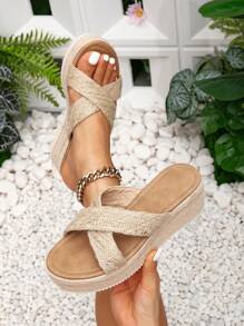 Women Woven  Rope Wedge Mules Thick-Soled Sandals With Resort Style Platform & Wedge Heel High Heel Slide - Apricot - View 2