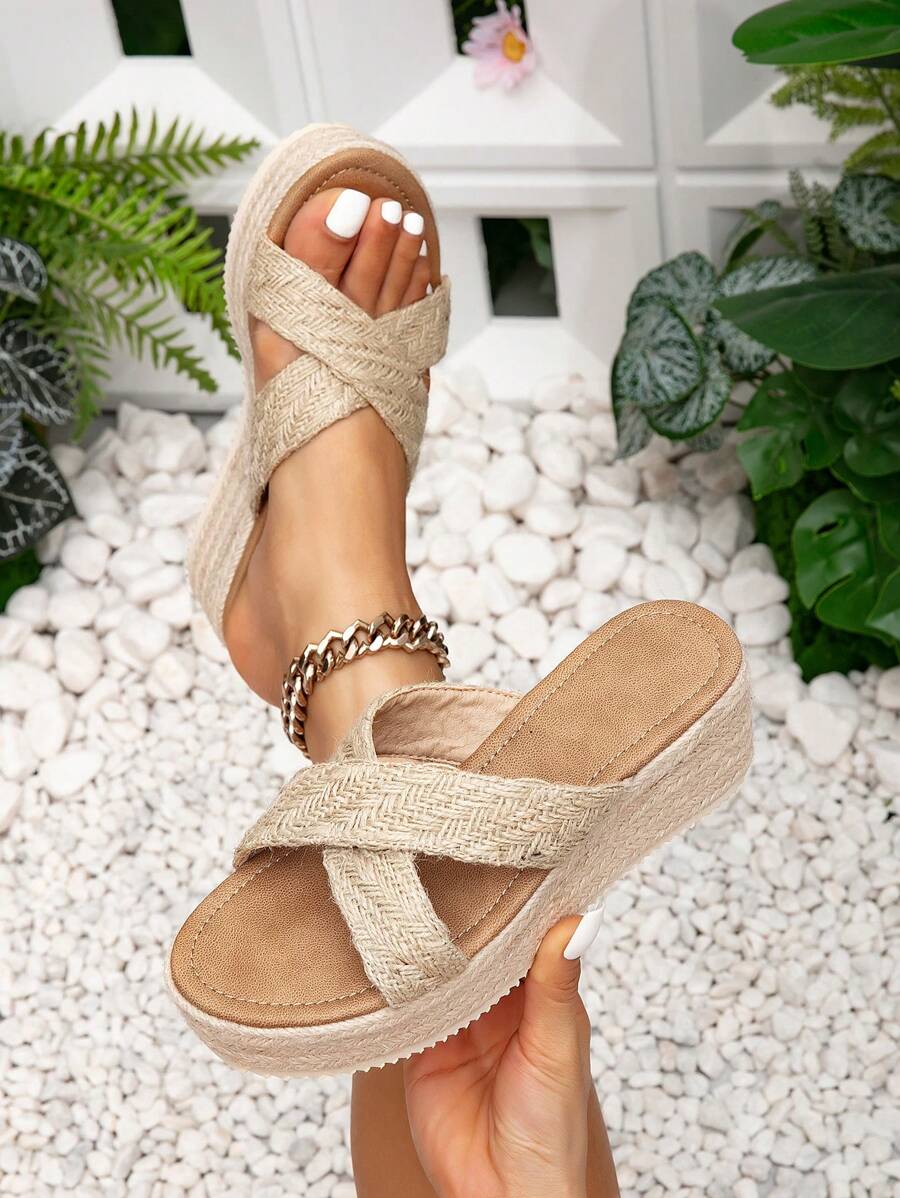 Women Woven  Rope Wedge Mules Thick-Soled Sandals With Resort Style Platform & Wedge Heel High Heel Slide