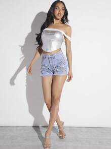 Denimoi Quần short denim nữ có đính đá và viền sờn - Rửa nhẹ - Xem 5