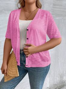 SHEIN LUNE Plus Size Kỳ nghỉ Giải trí Áo len mỏng tay ngắn màu trơn - Màu Hồng Tươi - Xem 4
