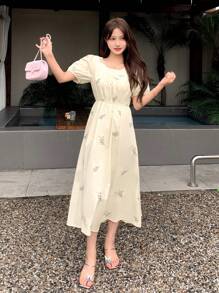 DAZY Kobiety Wakacje Bohemian Ditsy Floral Puff Sleeve Cinched Waist Dress Sukienka Letnia, Casual Women Dresses