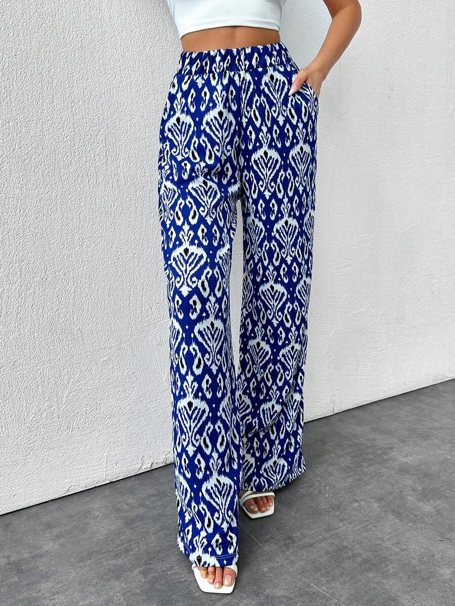 EURMUSE Blue Printed Wide Legs Pants - Multicolor - View 1
