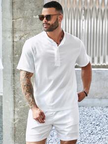 Manfinity RSRT Men Plus Size Solid Color Short Sleeve Polo Shirt And Shorts Casual Set For Summer - White - View 4