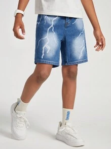 SHEIN Tween Boys Casual Street Style Lightning Print Design Washed Straight Leg Blue Denim Shorts