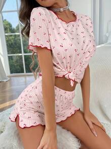CottageSlumber Cherry Print Lettuce Trim Tee & Shorts PJ Set / Pajama Set Holiday Season, Vacation