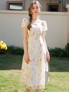 Square Neckline Floral Print French Ruffle Hem Dress For Summer - Multicolor - View 8