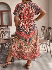 EMERY ROSE Bohemian Style Floral Print Plus Size Women Short Sleeve Dress - Multicolor - View 2
