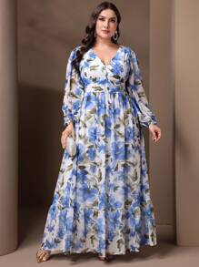 Fashionable Plus Size Women's V-Neck Printed Loose Waist Dress - Multicolor - View 1