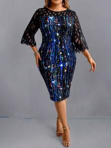 SHEIN LUNE Plus Size Lưới cổ tròn và váy chắp vá khối màu lấp lánh - màu đen - Xem 5