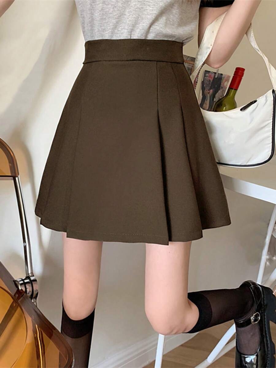 Summer Casual Solid Color Pleated Skirt Spring - Coffee Brown - View 1