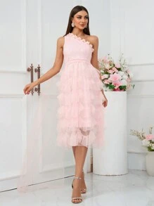 SHEIN Belle Đầm cocktail lệch vai phối lưới thanh lịch cho nữ - Hồng - Xem 7