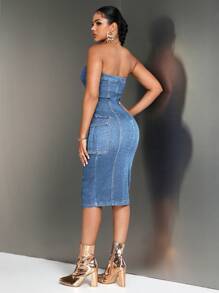 SHEIN SXY Women Summer Workwear Slim-Fit Strapless Elegant Denim Dress With Pockets - Light Wash - View 3