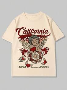 ROMWE MEN Street Life Camiseta con estampado de letra y ángel para hombres, escuela