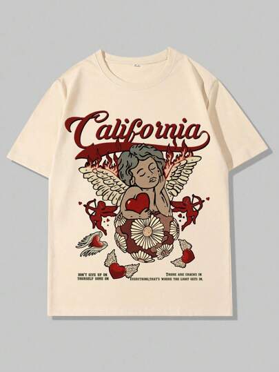 Street Life Men's Letter And Angel Print T-Shirt, School