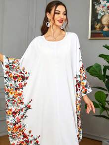 超大花卉印花蝙蝠袖女式端庄长袖 Abaya Kaftan 阿拉伯连衣裙 - 白色 - 查看 5